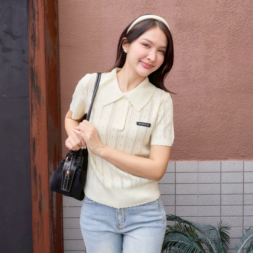 Paloy - PL1193 เสื้อไหมพรมแขนสั้นคอปก แต่งกระดุม สีพื้น - รูปที่ 4