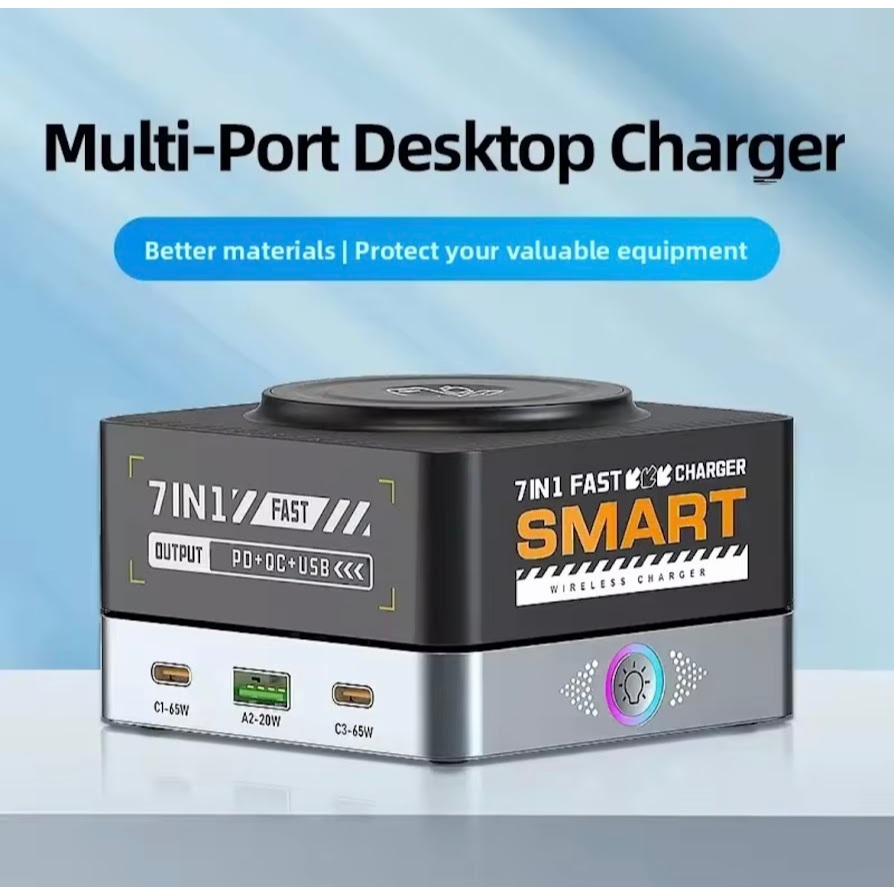 GaN 65W USB Type C 7 in 1 Charger Station Fast CHARGING PD3.0 PPS ไร้สายชาร์จสำหรับสมาร์ทโฟน แล็ปท็อ