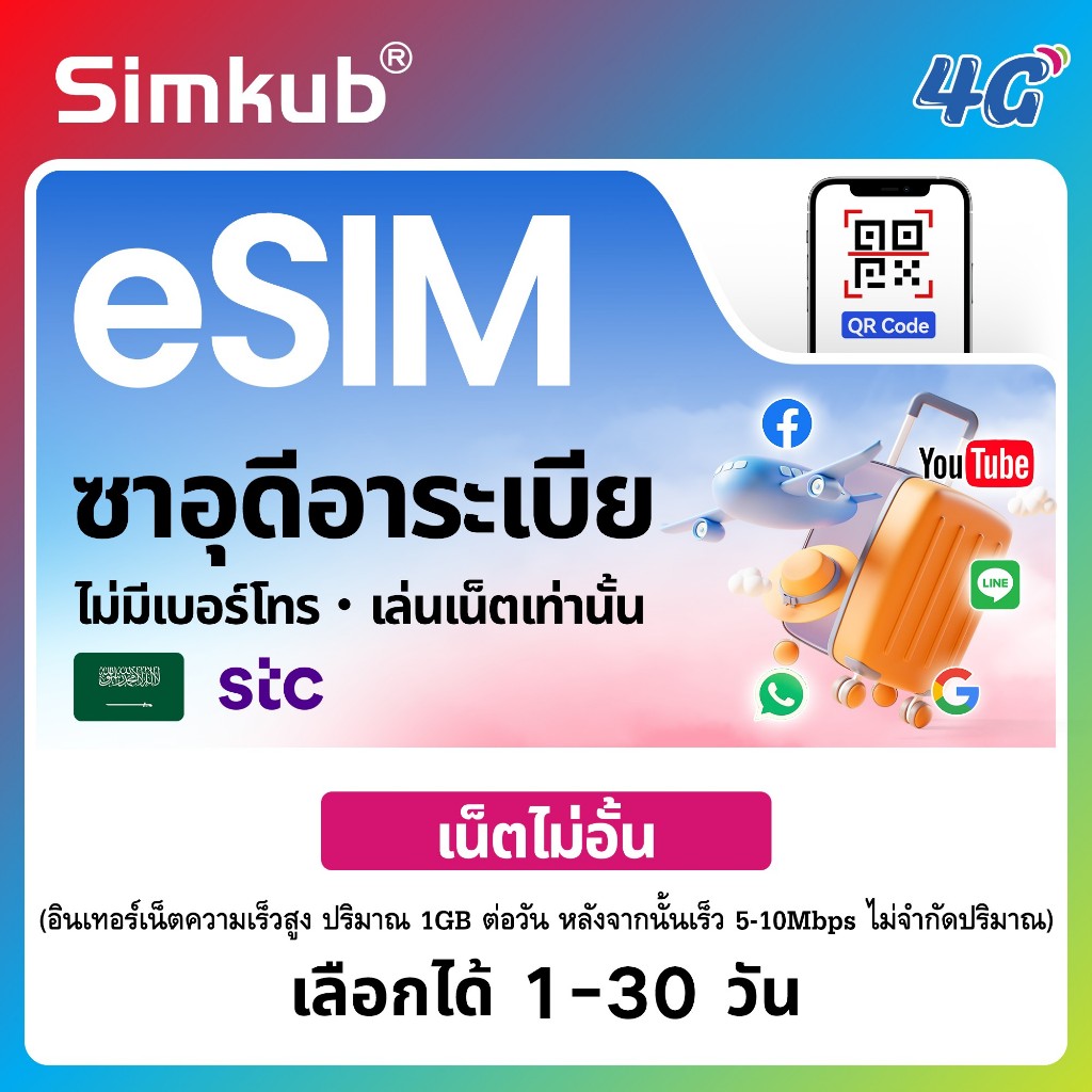 eSIM Saudi Arabia เครือข่าย STC ซิมท่องเที่ยว ซาอุดีอาระเบีย เน็ตไม่จำกัด รองรับ 5G/4G เลือกได้ 1-30 วัน