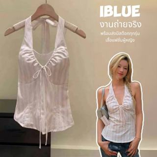 iBlueพร้อมส่ง💎เสื้อสายเดี่ยวคล้องคอ ผ้าลายลินิน คอวี ผูกโบว์…