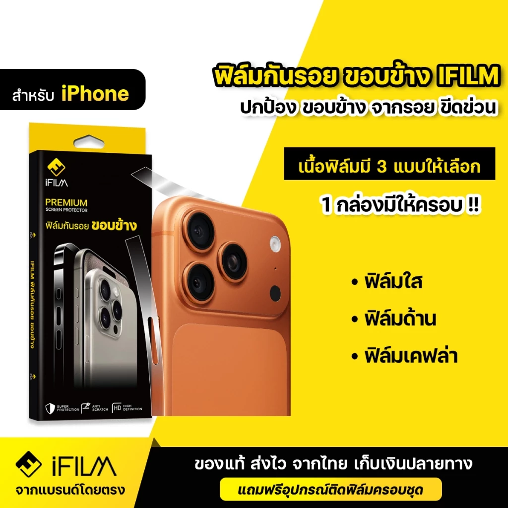iFILM ฟิล์มกันรอย ขอบข้าง For iPhone 17Pro 17 Air 16 Pro Max 16Plus 15 15Pro 14 13 ฟิล์ม ขอบข้าง ไอโฟน ฟิล์มใส HD ด้าน