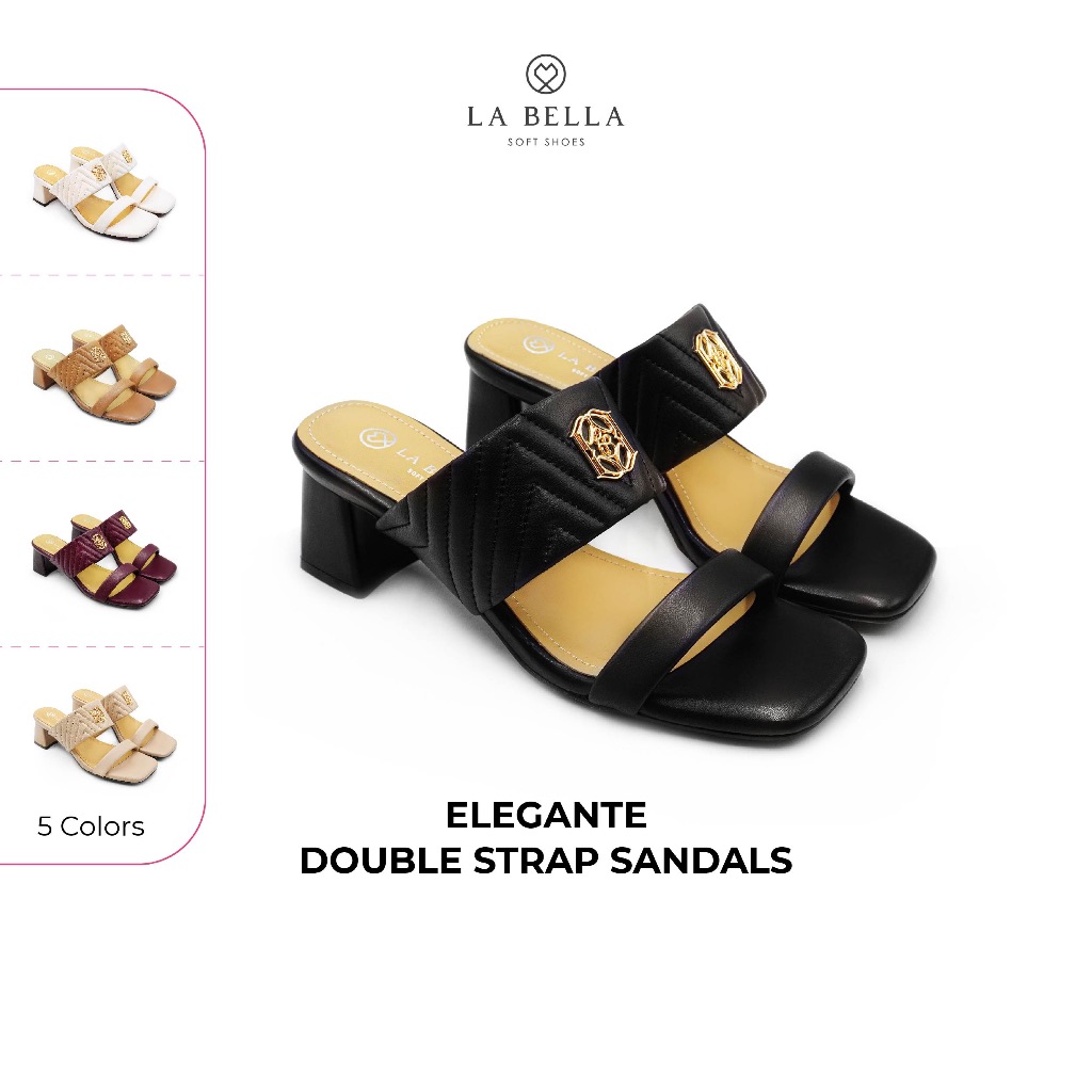 LA BELLA รองเท้าส้นสูงหนังแกะ  รุ่น ELEGANTE DOUBLE STRAP SANDALS - BLACK