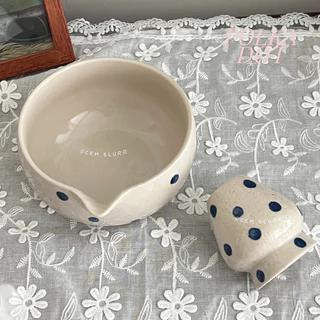พร้อมส่ง Teddy.routine Polka dot Chawan 🍥🩷 ถ้วยมัทฉะ ไสตล์มูจิ เซรามิก ถ้วยลายจุด มาพร้อมchasen holder ความจุ500ml