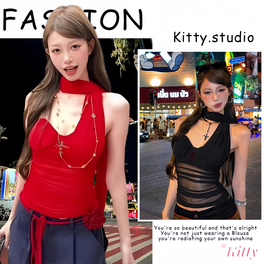Kitty พร้อมส่ง🌸เสื้อคล้องคอ เสื้อครอป ดีเทลผ้าพันคอ เว้าหน้าอก จับจีบเข้ารูป สวยดูแพง สุดฮอต เซ็กซี่ แฟชั่นลำลองผู้หญิง