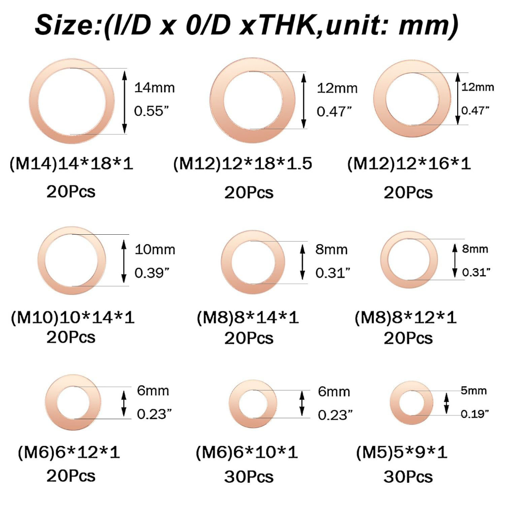 200ชิ้นทองแดงน็อตพร้อมแหวนรองและชุดสลักเกลียวแหวนแบนซีล ทำงานชุดรวมอุปกรณ์กล่อง/M8/M10/M12/M14สำหรับน้ำมัน Plug - รูปที่ 5