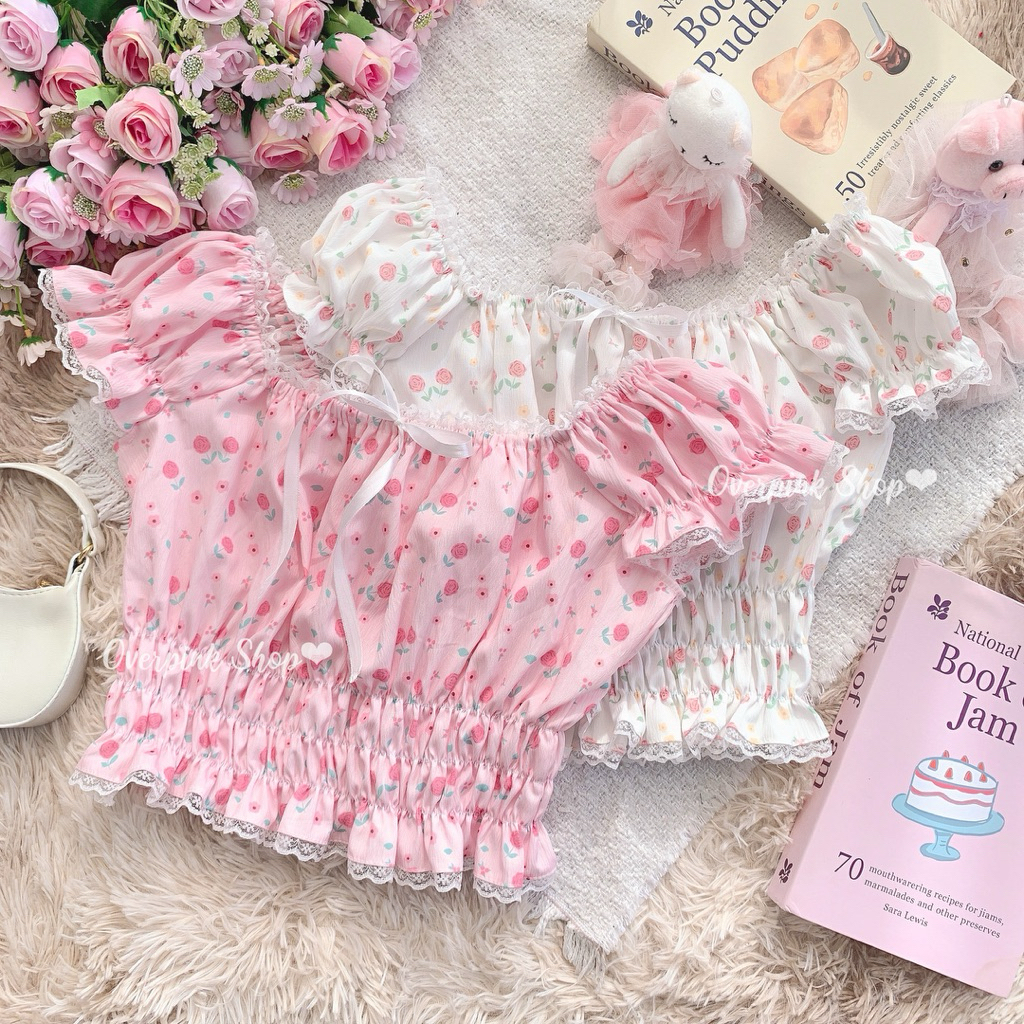 🌸OVP🌸 เสื้อลายดอกกุหลาบ แขนตุ๊กตาดอลลี่เล็ก แต่งลูกไม้สม็อคเอว เสื้อครอป