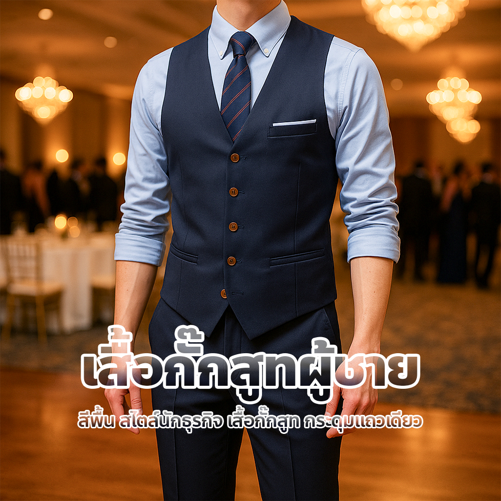 poodoo เสื้อกั๊กสูทผู้ชาย สีพื้น สไตล์นักธุรกิจ เสื้อกั๊กสูท กระดุมแถวเดียว