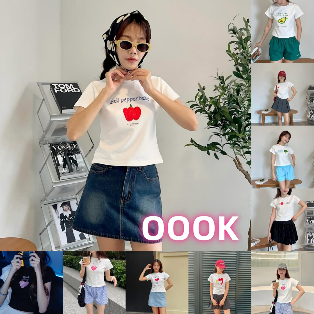 (จัดส่งตลอด 24 ชั่วโมง) OOOK  เสื้อครอปทรงพอดีตัว รวมลายสกรีน เนื้อผ้าคอตตอน100% ผู้หญิง