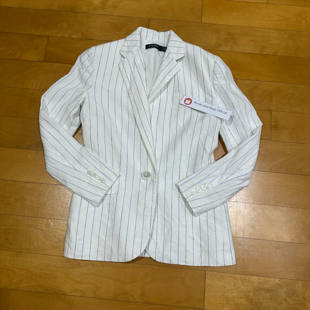 Lauren / Ralph Lauren Suite เสื้อสูทผู้หญิง สีขาว ลายทางเล็กสีฟ้า