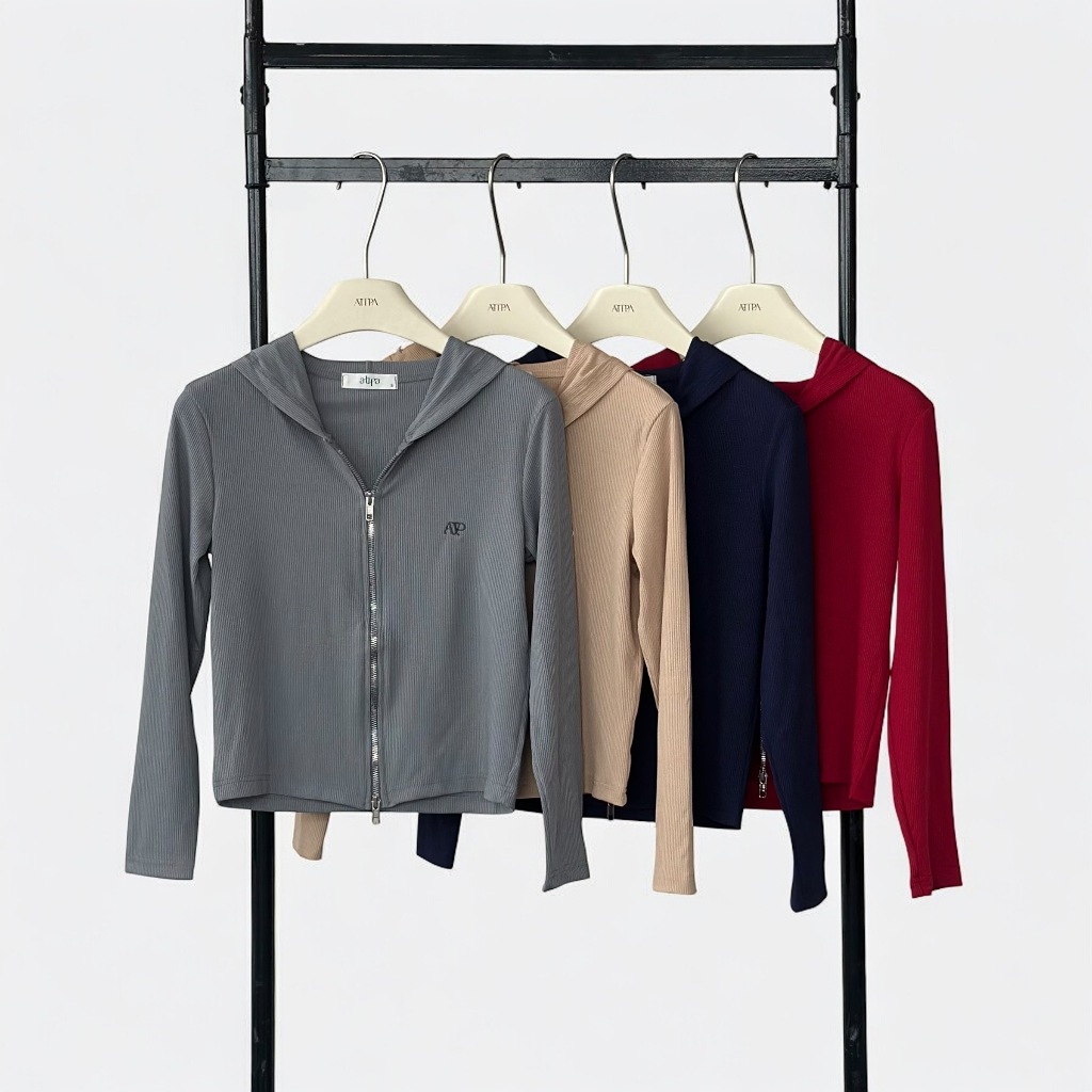 Atipashop - RIBBED HAVEN HOODIE เสื้อฮู้ดดี้ แขนยาว ซิปหน้า ผ้าร่อง ปักโลโก้