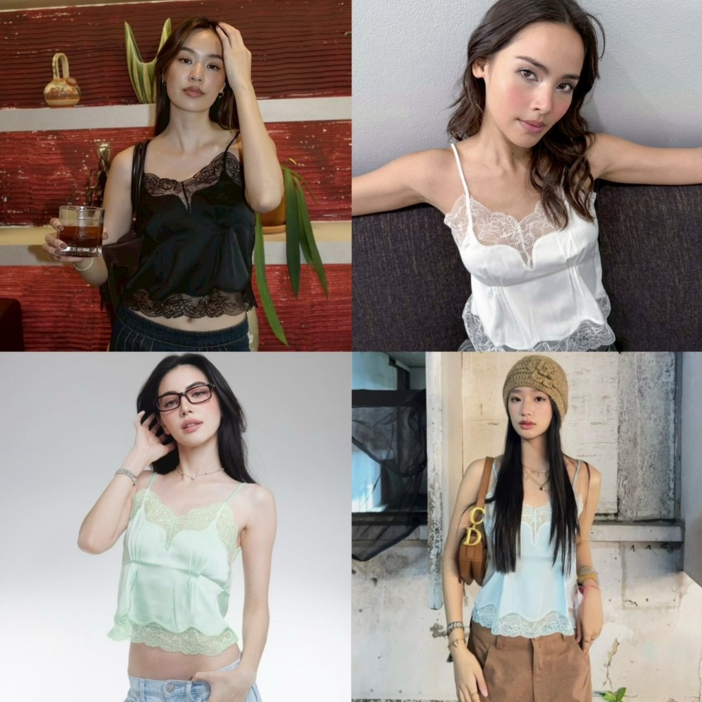 Lacie cami เสื้อสายเดี่ยว ผ้าซาติน แต่งลูกไม้ เย็บจีบหน้าอก KN.Clothes