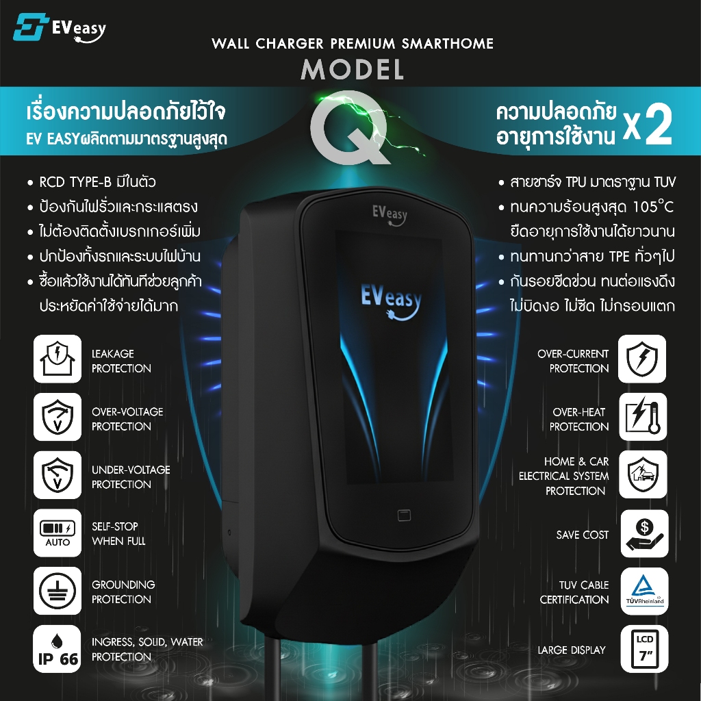ส่งฟรีจากไทย ประกัน 5 ปี Q Model 7KW / 22KW  EV easy 2025 premium Smart home จอ 7 นิ้ว  RCD Type B ในตัว ต่อ APP ได้