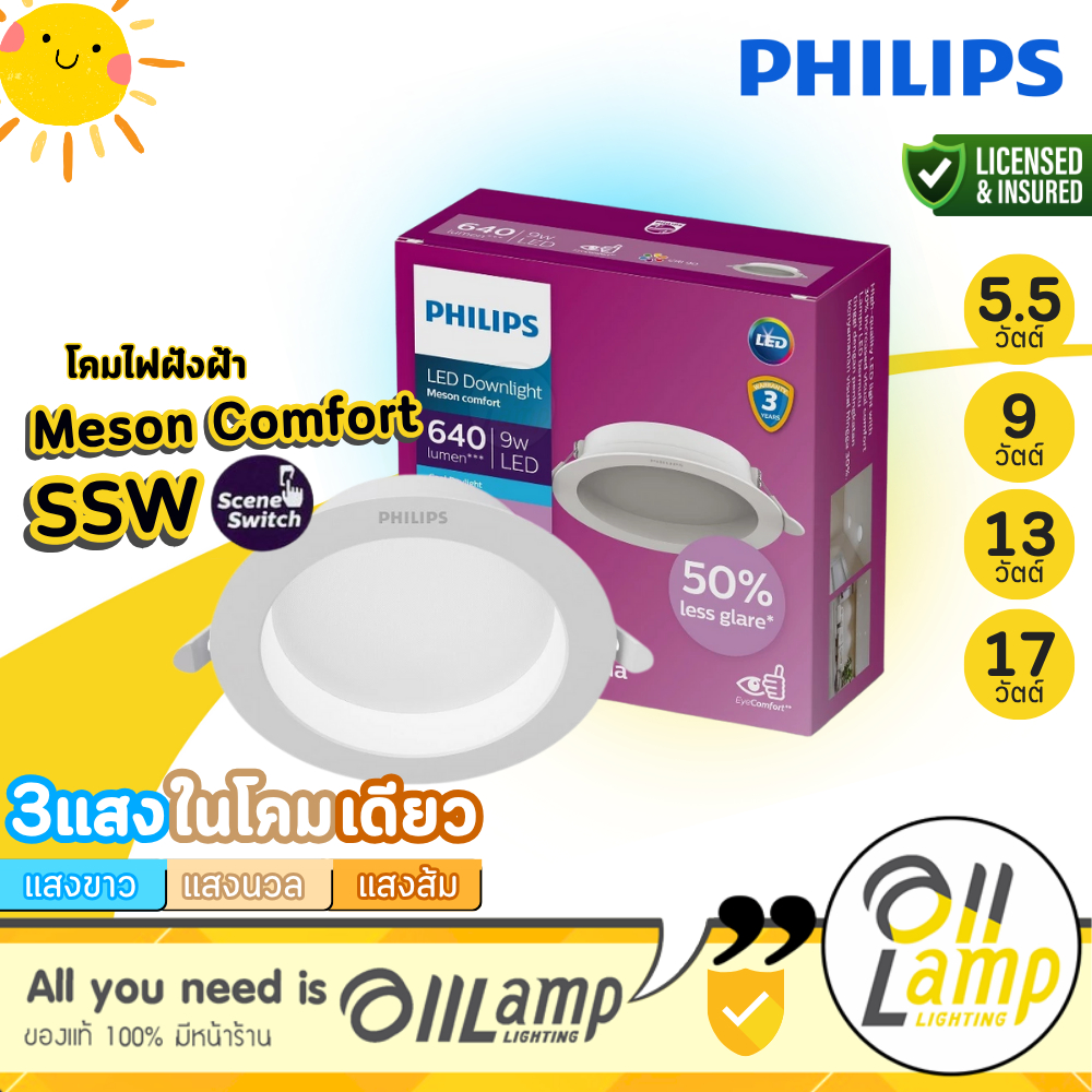 PHILIPS Scene Switch MESON COMFORT โคมไฟฝังฝ้า3แสง LED 17W 13W 9W 5.5W 3000K/4000K/6500K Downlight