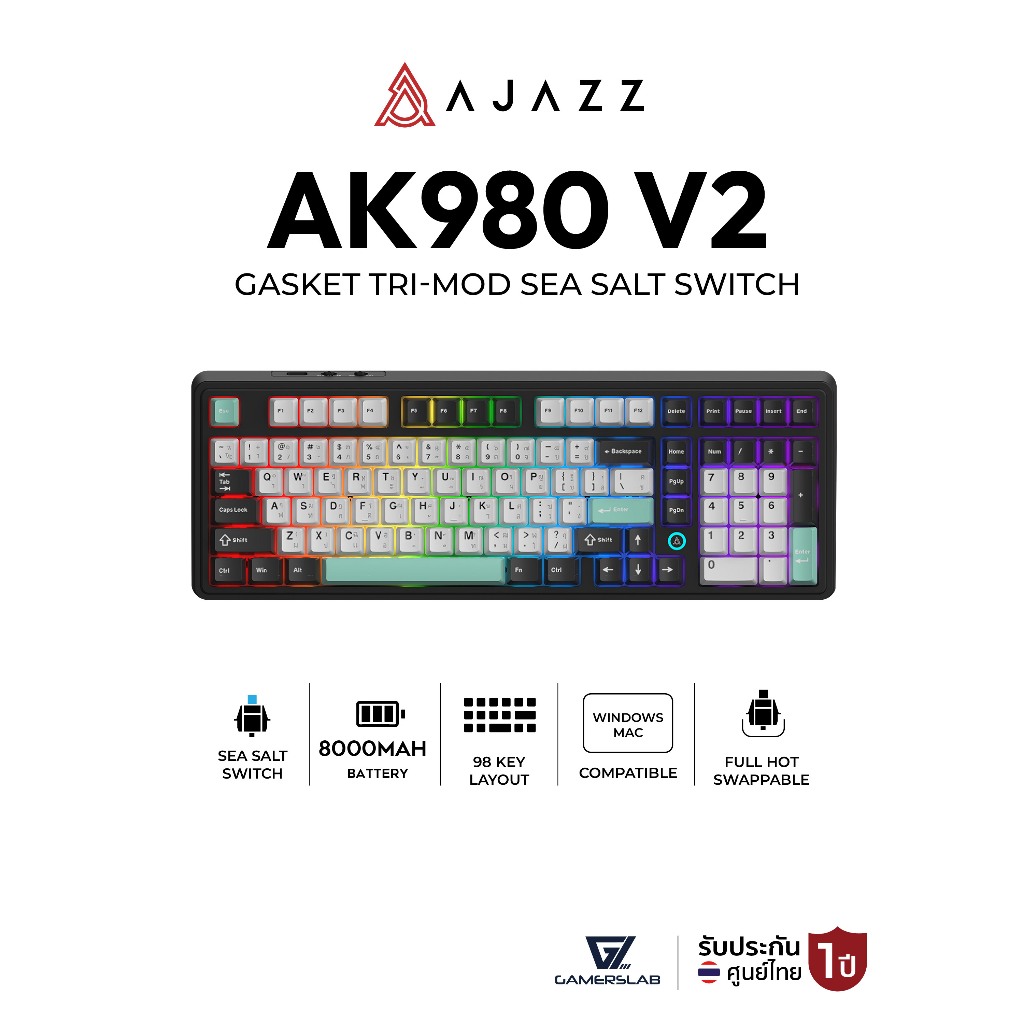 คีย์บอร์ดเกมมิ่ง Ajazz AK980 V2 Gasket Tri-Mod Mechanical Keyboard รับประกัน 1 ปี