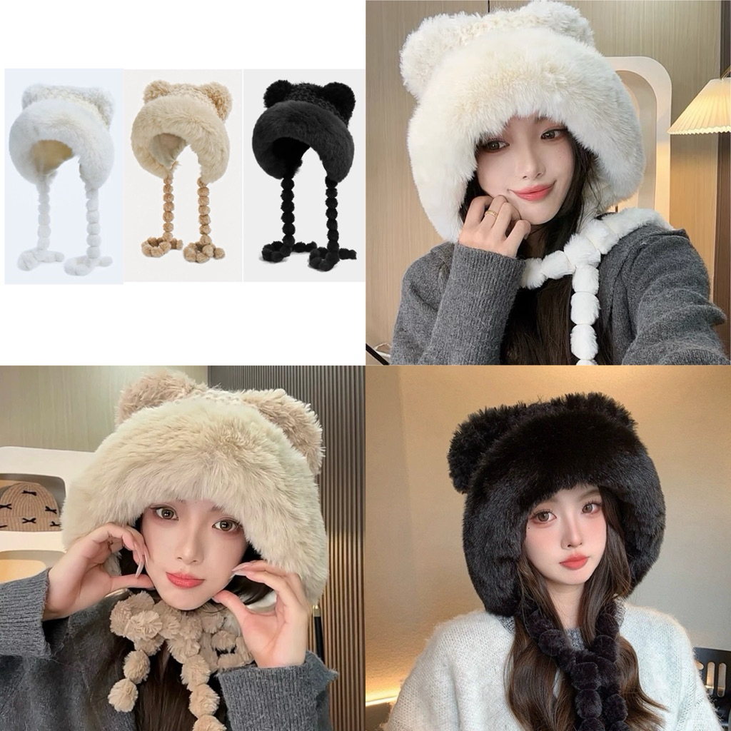 (YO) หมวกไหมพรมขนเฟอร์ ทรงสวมคลุมมีเปีย (หมี)