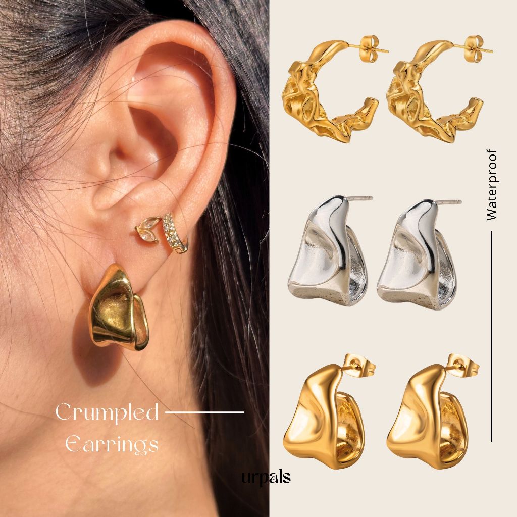 URPALS ต่างหูสีทอง ต่างหูStud ลาย crumpled ตัวเรือน Stainless ชุบทอง 18K แพ้ง่ายใส่ได้