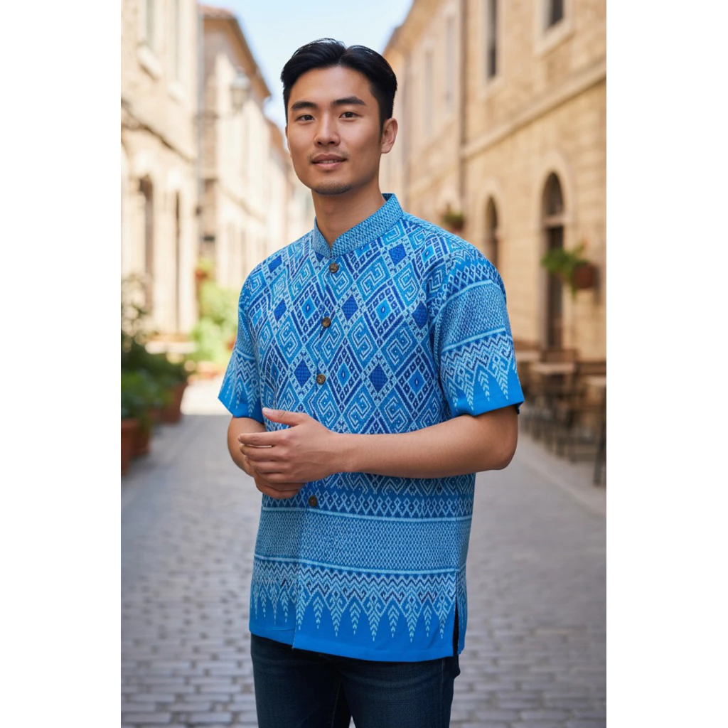 เสื้อผ้าฝ้ายพิมพ์ลายชาย-สีฟ้า-รหัส 22