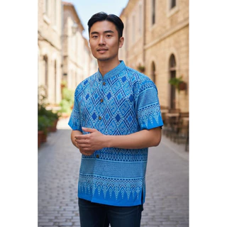 เสื้อผ้าฝ้ายพิมพ์ลายชาย-สีฟ้า-รหัส 22