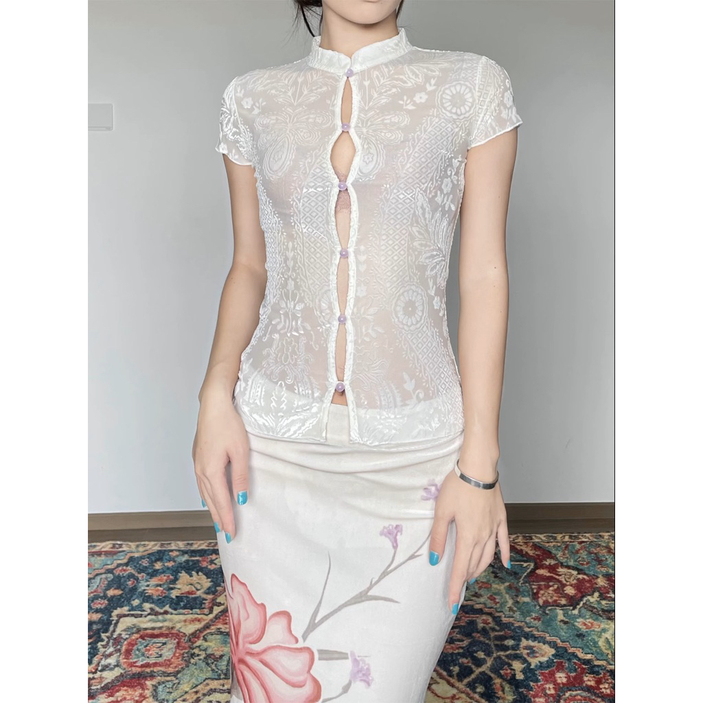 Wet Tail – Modern Chinese White Floral Qipao Top
