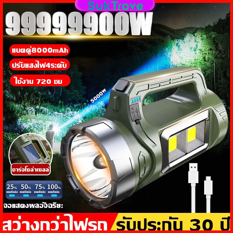 ไฟฉาย ไฟฉายแรงสูง ไฟฉายแบบชาร์จ 8000mAh ไฟฉายด้านข้างLED สว่างสูง รองรับชาร์จพลังแสงอาทิตย์และ USB 100000 Lumens