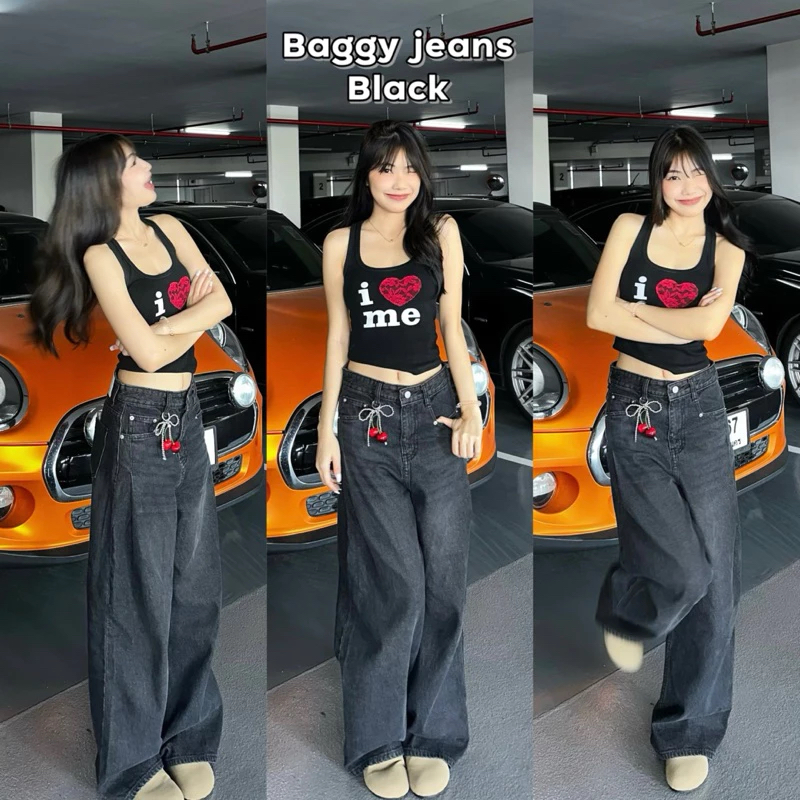 (ส่งต่อ) Baggy jeans กางเกงยีนส์ขายาว กระบอกใหญ่ สีดำฟอก เอว 26-27" ความยาว39“ [playwork.store]