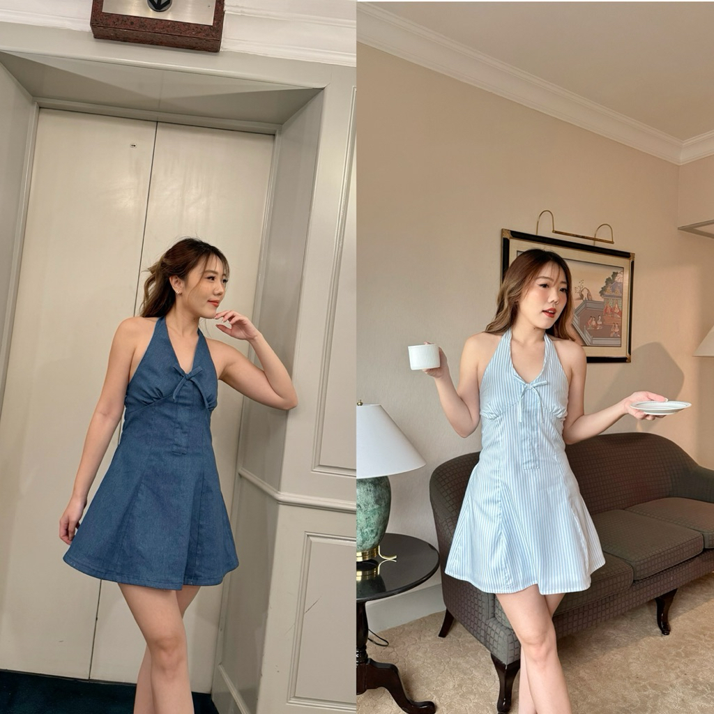 Mabel Dress เดรสสั้นทรงเอ คล้องคอแบบผูก แต่งโบว์ช่วงอก