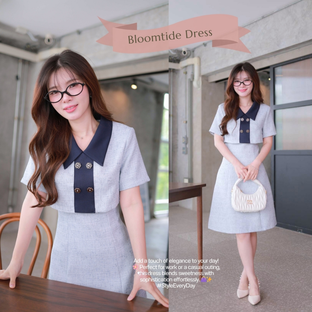 "Romi"Oil" Bloomtide Dress (Blue) K270 ชุดเดรสสีฟ้า (ทวีตคอปกแต่งกระดุมดอกไม้)