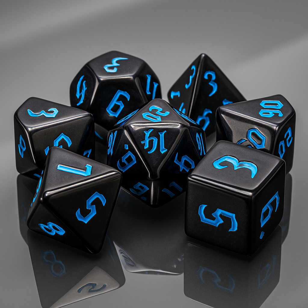 🎲 Black-Blue font 🎲 Dice Set of 7 | ลูกเต๋า Dice For DnD D&D MTG RPG TRPG เกมกระดาน บอร์ดเกม Game ไพ่ทาโรต์ Magic เมจิก
