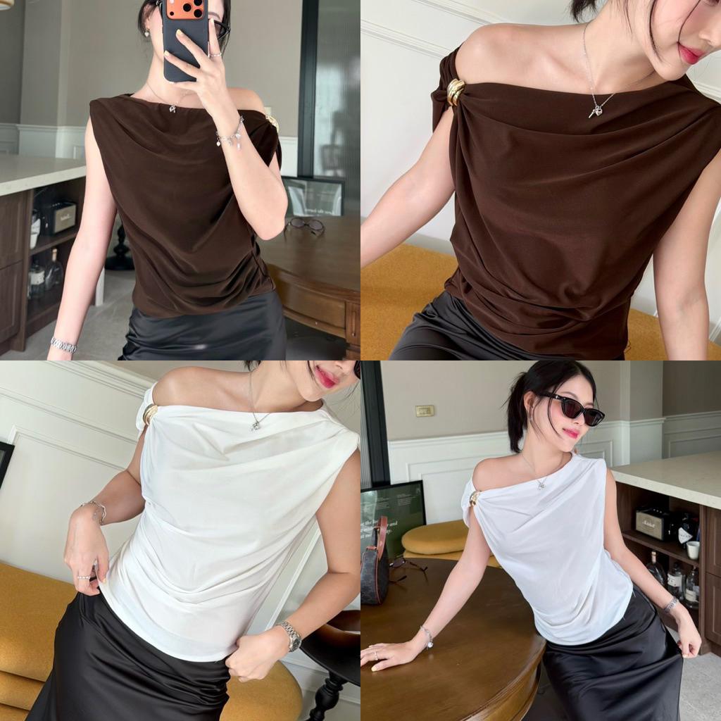 M104- เสื้อเปิดไหล่ทรงสวย มดีเทลแต่งอะไหล่ทอง ผ้านิ่มมาก