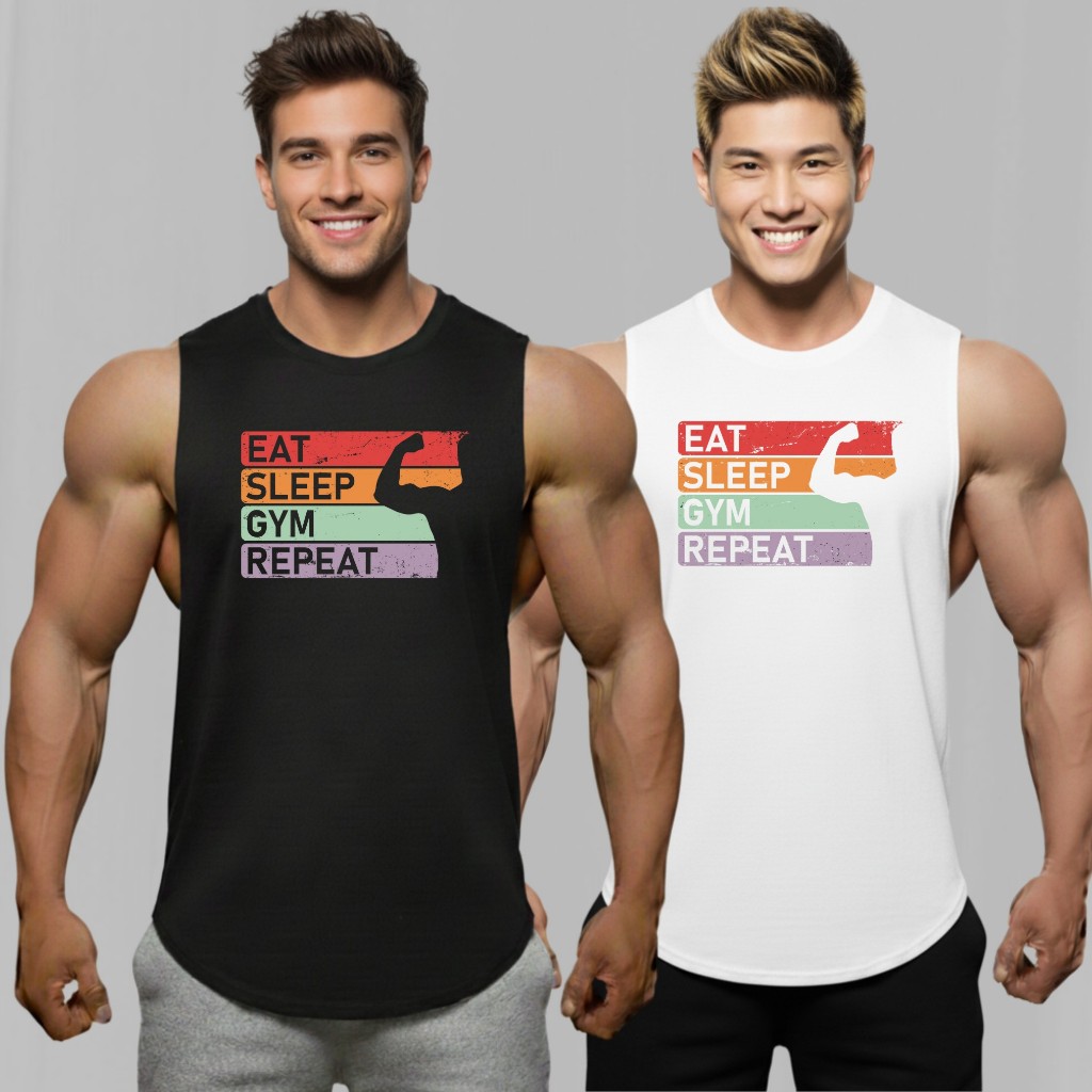 EAT SLEEP GYM REPEAT เสื้อแขนกุดเว้าแขนกว้าง Drop Arm Tank Sleeveless Muscle Shirt ราคา ถูกที่สุด ดีลบีเคเค