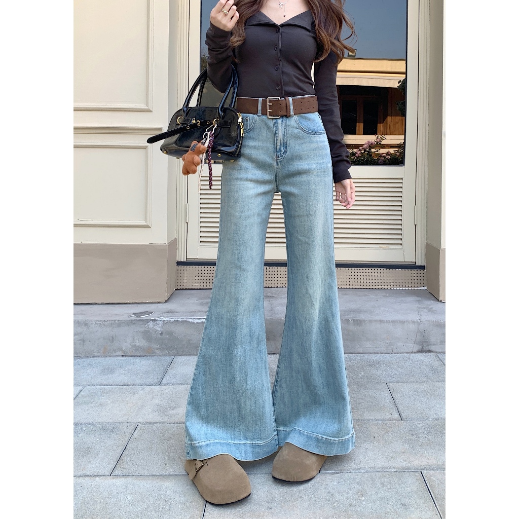 Beryl กางเกงยีนส์ขายาวทรงบานเอวสูงสไตล์เรโทรสำหรับผู้หญิงS-XL สไตล์เกาหลีเรียบง่าย สวมใส่สบาย - รูปที่ 6