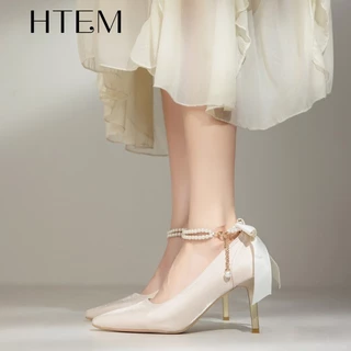 HTEM จัดส่งจากกรุงเทพฯ ฤดูร้อนใหม่สีชมพูแหลมมุกโซ่รองเท้าส้นสูง