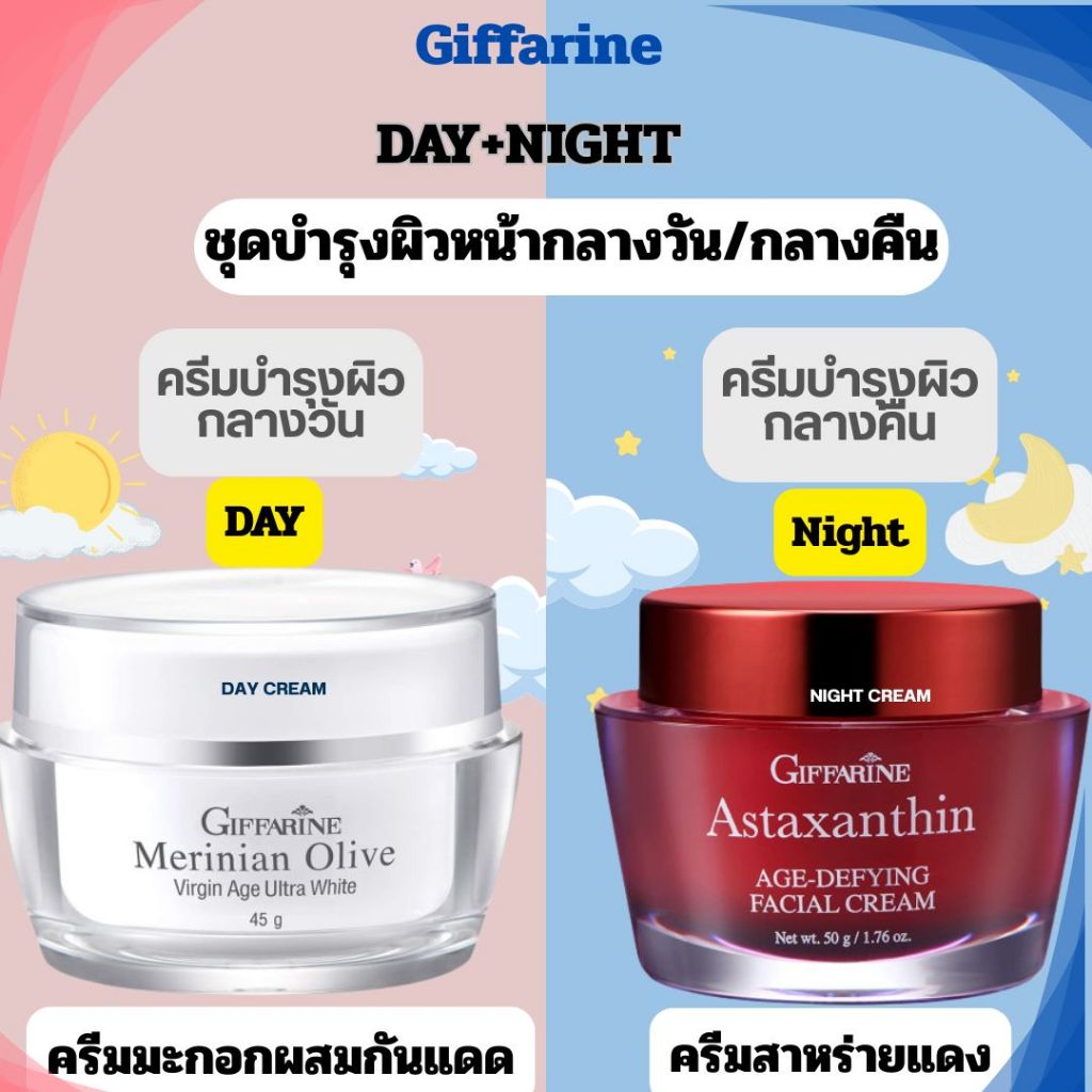 DAY-NIGHTชุดบำรุงผิวหน้ากลางวัน/กลางคืน บำรุงผิวหน้าชุ่มชื้นนุ่มเนียน  กิฟฟารีน ครีมมะกอก-สาหร่ายแดง