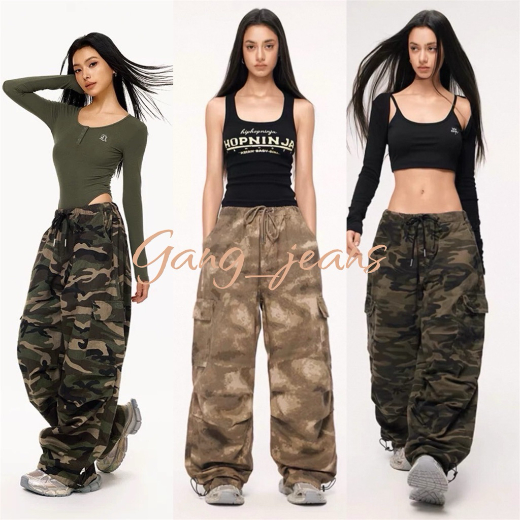 Gang_jeans(Mo)กางเกงขายาวคาร์โก้ ลายทหาร มี2 สี น้ำตาล เขียว