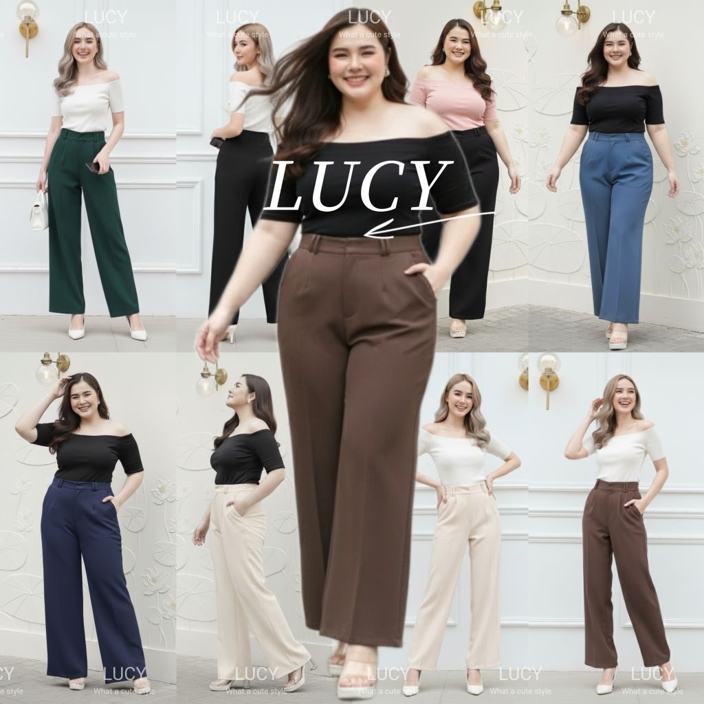 LUCY ♡ ลูซี่⭐️S-7XL กางเกงขายาวเอวสูง เก็บพุง ตะขอ+ซิปหน้า พรางหุ่น กระบอกกลางกึ่งใหญ่ กางเกงขายาวสาวอวบ