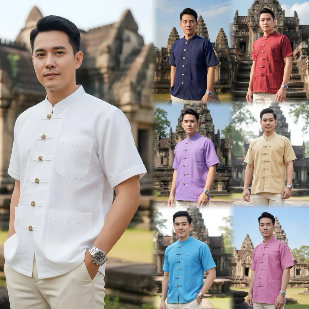 เสื้อพื้นเมืองผู้ชายร่วมสมัย รุ่นโมเดิร์นคอจีน แขนสั้น