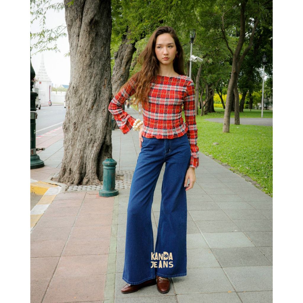 KANDA JEANS : (New Version) Papa Blue Jeans กางเกงยีนส์เอวสูงขากระบอกบาน ทรง Baggy jeans ราคา ถูกที่สุด ดีลบีเคเค แกลเลอรีภาพที่ 5