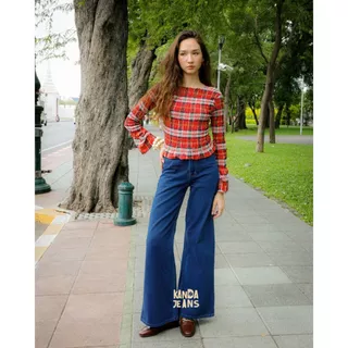 KANDA JEANS : (New Version) Papa Blue Jeans กางเกงยีนส์เอวสูงขากระบอกบาน ทรง Baggy jeans
