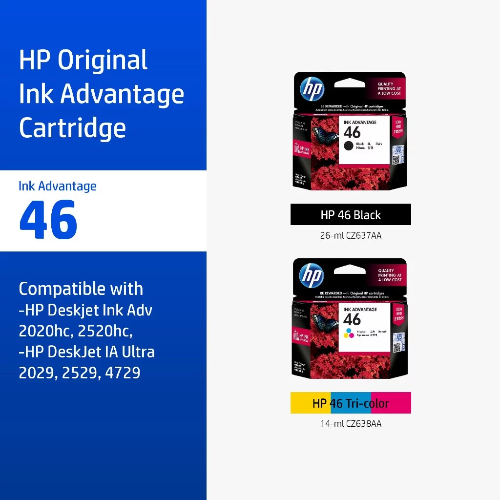 [ส่งด่วน] HP 46 Black/Tri-Color (ตลับหมึกสี/สีดำ) Original Ink Advantage Cartridge