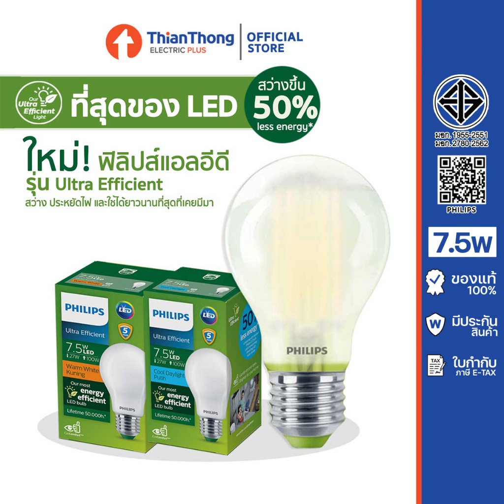 Philips หลอดไฟฟิลิปส์ รุ่นหลอดแก้ว คุณภาพสูง Ultra Efficient LED Bulb UE 7.5W (อายุการใช้งาน 50,000 