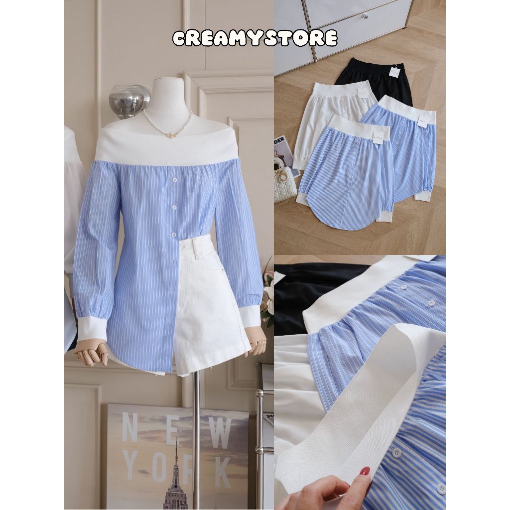 CreamyStore เสื้อเชิ้ตเปิดไหล่แขนยาว งานป้ายPrisana เสื้อปาดไหล่