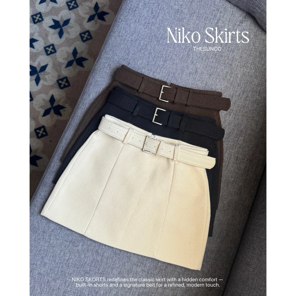 THESUNCO-Niko Skorts *นิโคะ* กระโปรงกางเกง+เข็มขัด ผ้ามีขน กระโปรงรอบตัวซับในกางเกง