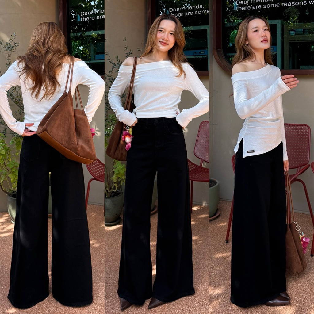 Bloom Jeans (บลูม) กางเกงยีนส์เอวสูงขากระบอกใหญ่ปลายขาบาน