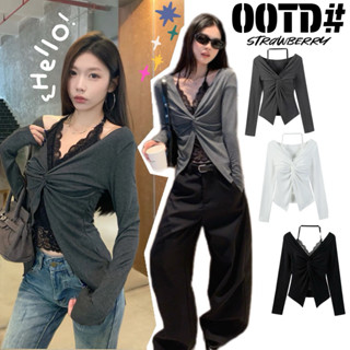 STR พร้อมส่ง🍒🍯 เสื้อแขนยาว เสื้อคล้องคอแต่งลูกไม้ ดีไซน์จับจ…