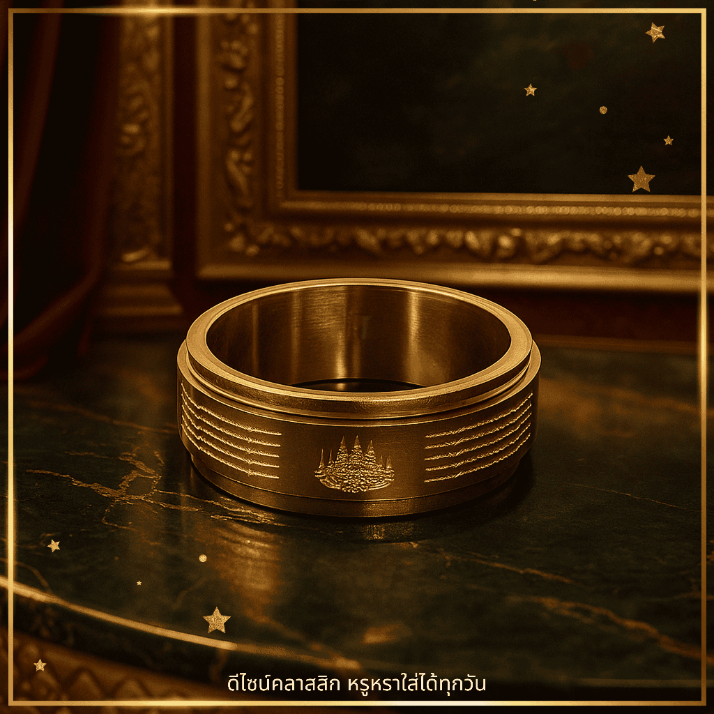 แหวนยันต์ 5 แถว สแตนเลสเคลือบทอง 18K แหวนมงคลเสริมโชคลาภ เรียกทรัพย์ (2 สี) A4-P208