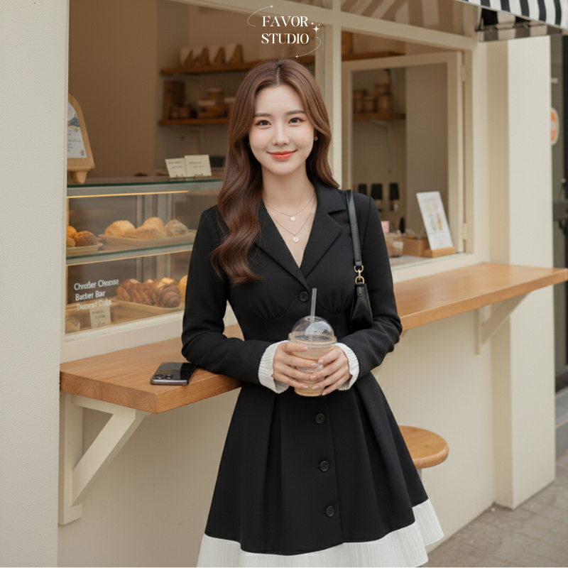 New‼️【EVIOVIO】พร้อมส่ง 🚚💨เดรสดีไซน์ปกสูท แขนยาว ดูเป็นทางการเล็กน้อย เหมาะสำหรับใส่ไปทำงาน ประชุม หรือเดท😁💝