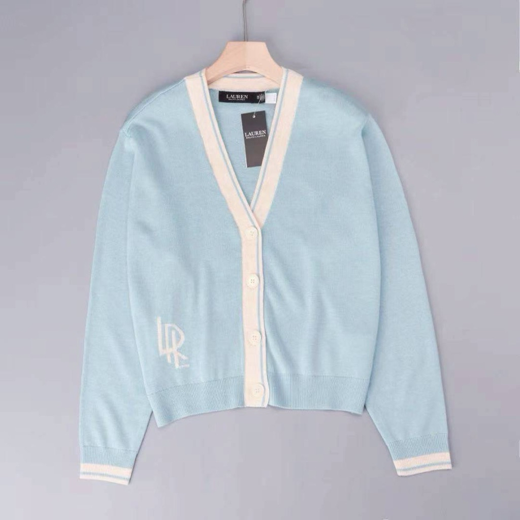 คาดิแกน โป โล  Ra-lph La-ure-n Two-Tone Cotton-Blend Cardigan สีฟ้า