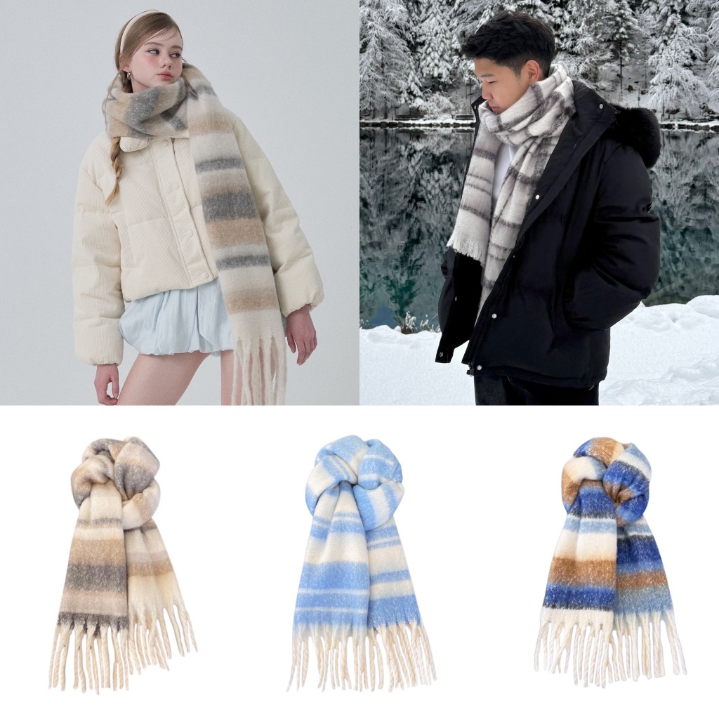 [umore.edition] Unisex ช/ญ Plaid cashmere scarf ผ้าพันคอ เนื้อผ้าวูลผสม สัมผัสอุ่นนุ่ม ไม่คัน