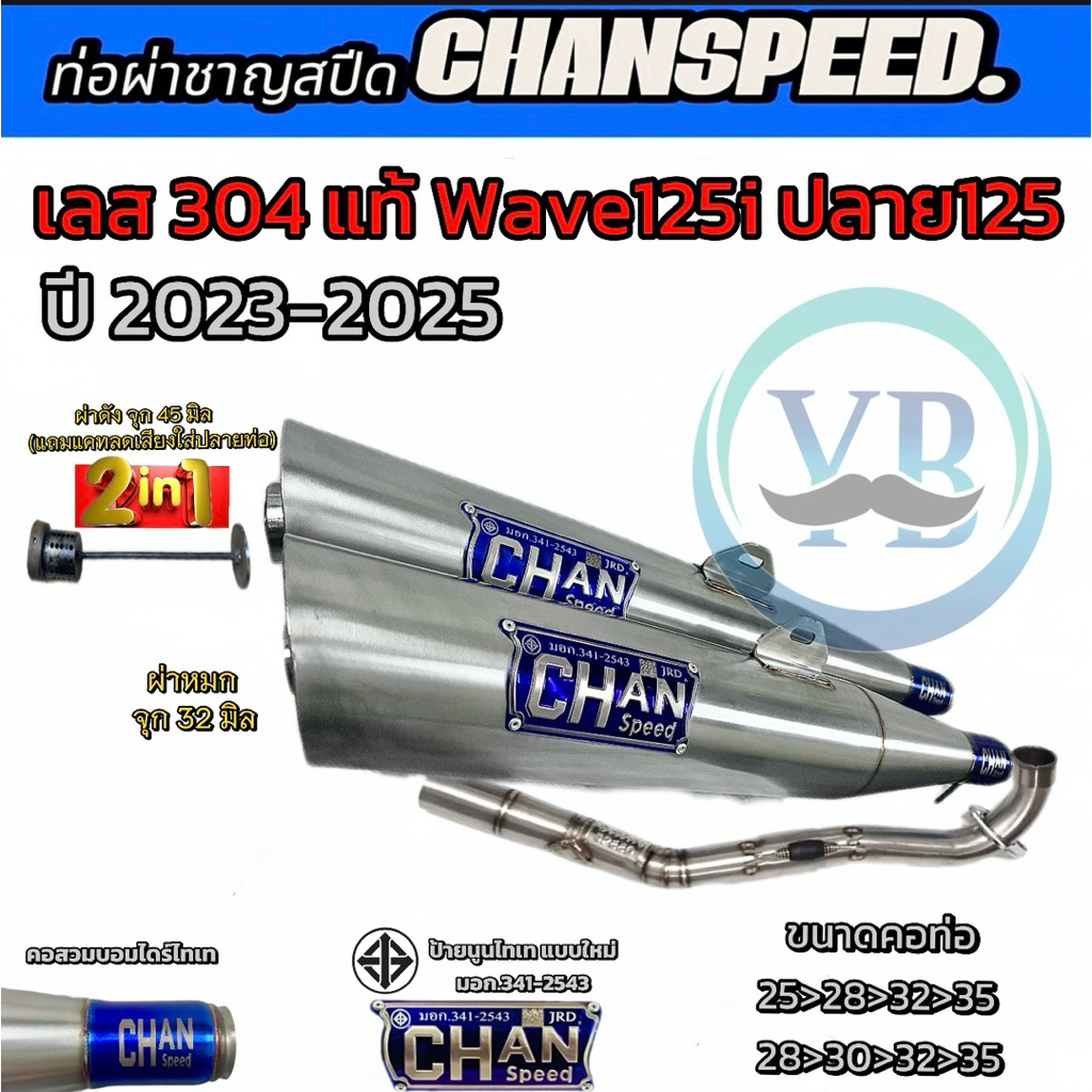 Ống Chanspeed inox 304 Wave125i LED đầu 125 mm (2023‑2025), đầu inox không gỉ, nhãn titan, cổ inox có lò xo, cổ kèm bôm dryer titan.