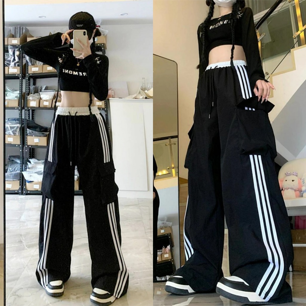 กางเกงลำลอง กางเกงวอร์ม เอวสูง เอวยืดได้ สไตล์อเมริกา ทรงหลวม มีเชือกที่เอว #1501293